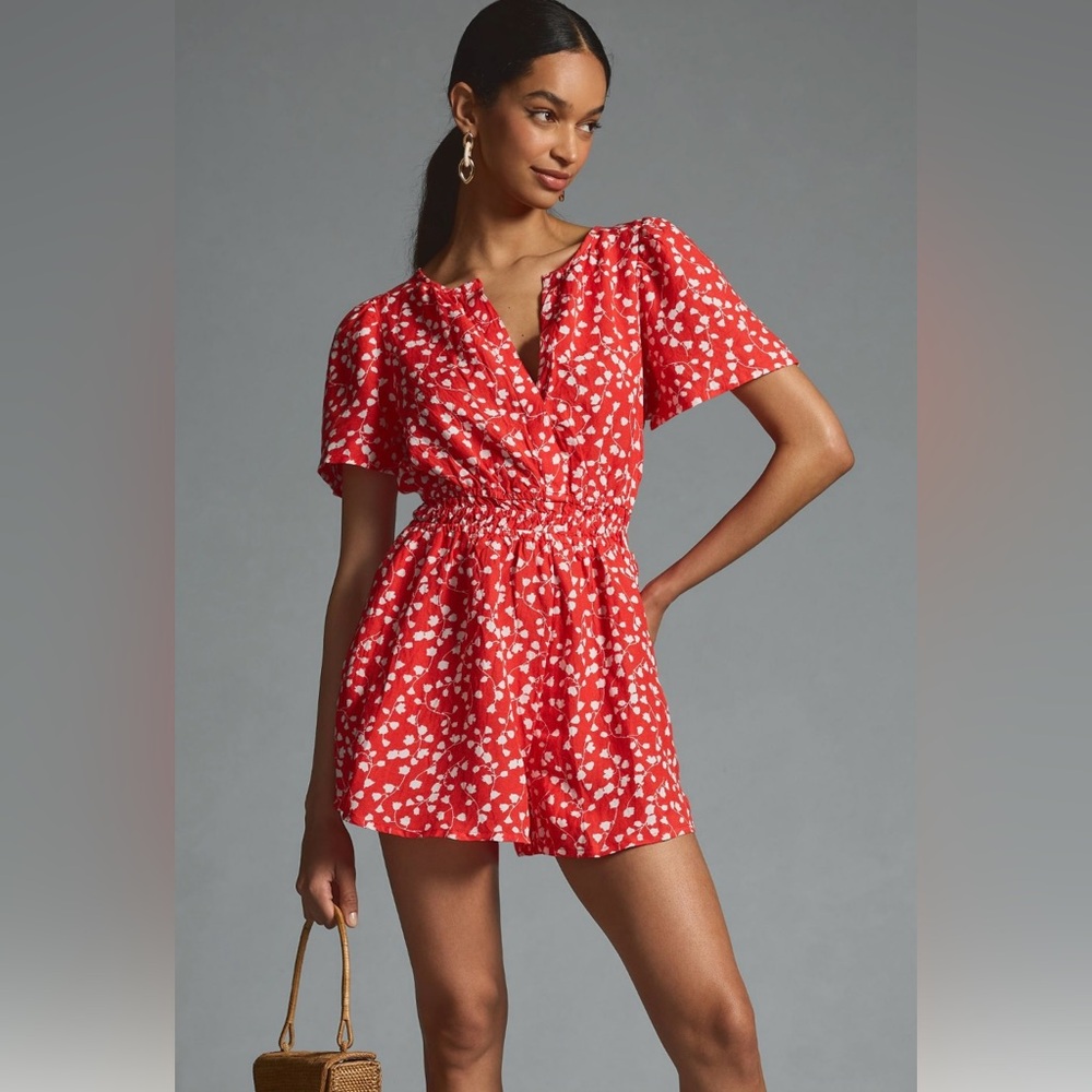 NWT Anthropologie The Somerset Romper: Linen Edition Red Orange XS